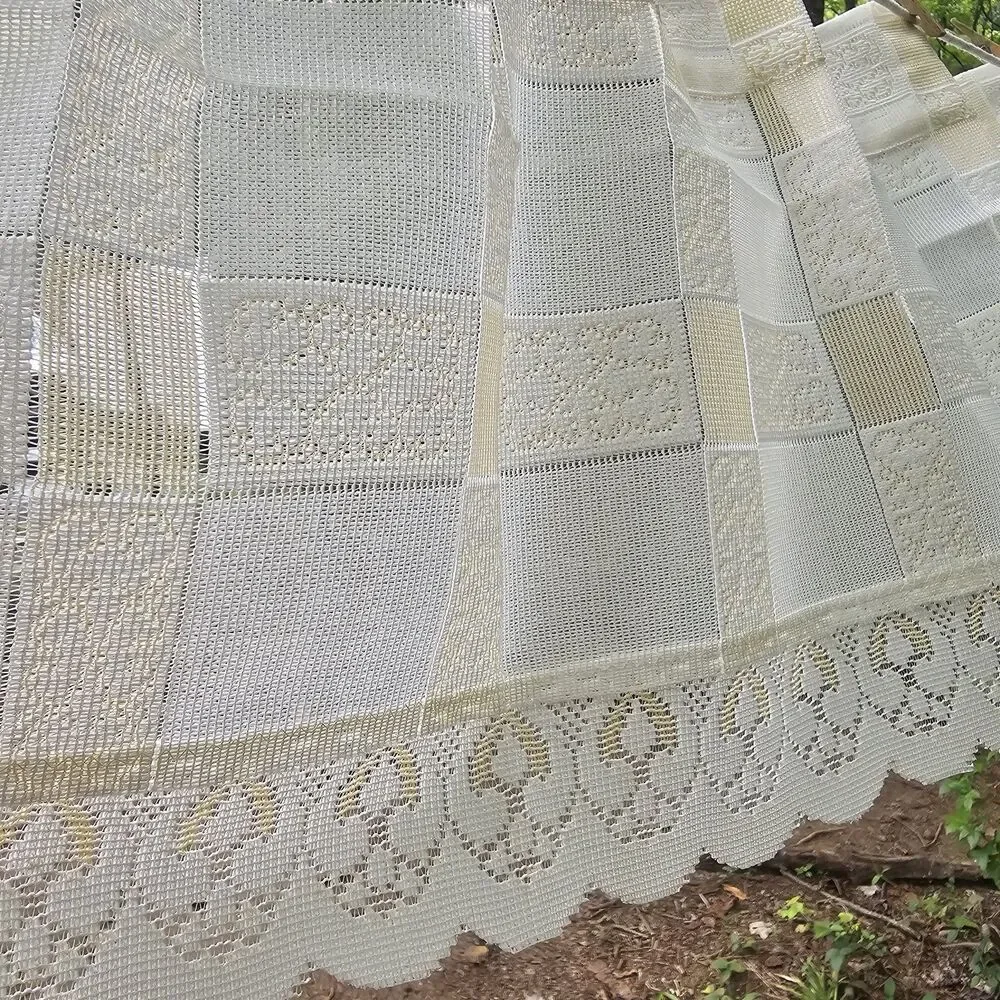 Vintage Cream & Butter Yellow Checkered Sheer Lace Valance - Cottage, Grannycore